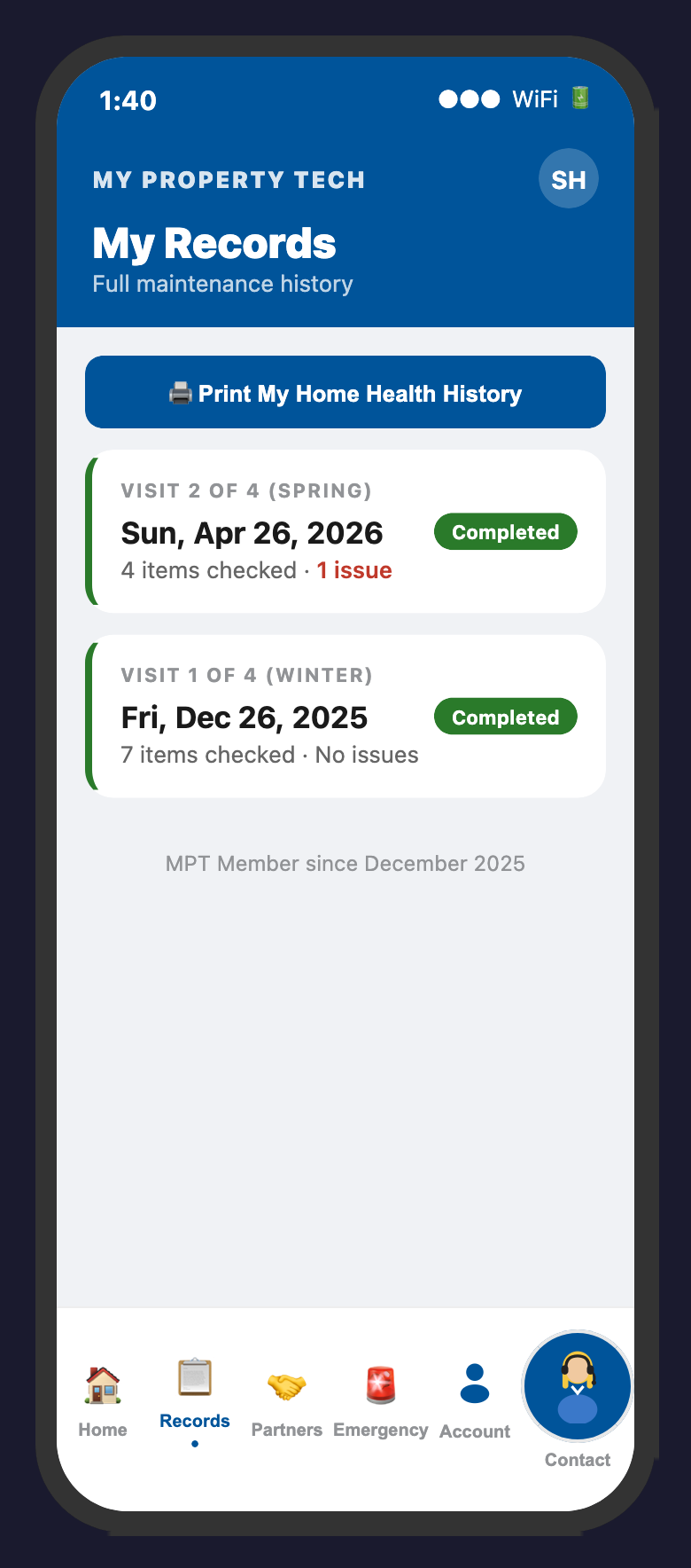 MPT Client Portal Records screen showing full maintenance history