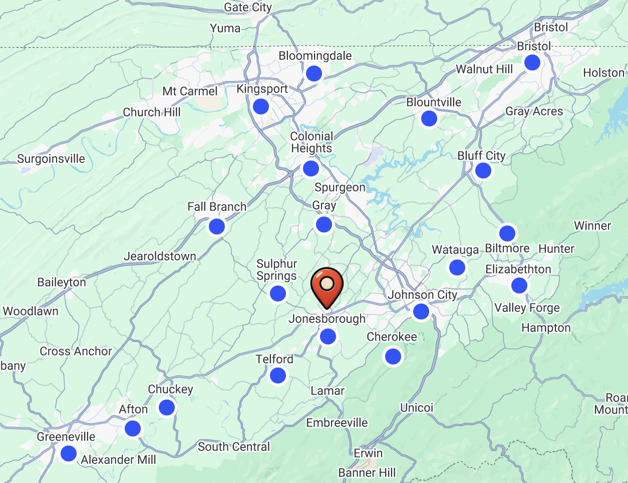 Map of MPT's Northeast Tennessee service area